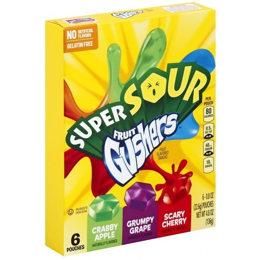 Candy Fruit Gushers Super Sour, 6 Pouches, 138gr